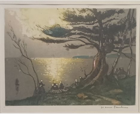 Oriental etching/block print, signed.[Frame 45x35cm] 