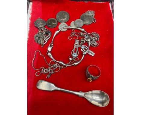 A Selection of silver and plated condiment spoon; Silver and marcasite ring, 925 silver bracelet, various silver coins and Si