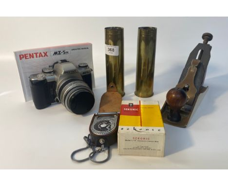Two WW2 trench art items, a vintage brass GTL smoothing Plane together with a Pentax MZ-5N camera and Sekonic photoelectric e