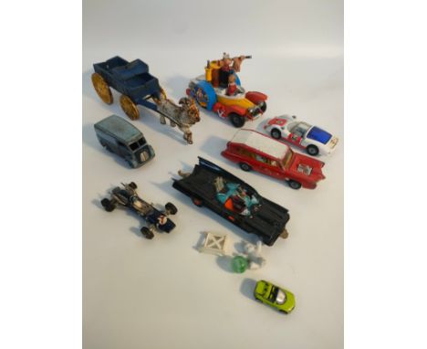 Assortment of playworn vehicles; Corgi Pop eye, Cast Iron Coat and cart vehicle toy, Corgi Batmobile, Corgi Carrera 8 and cor