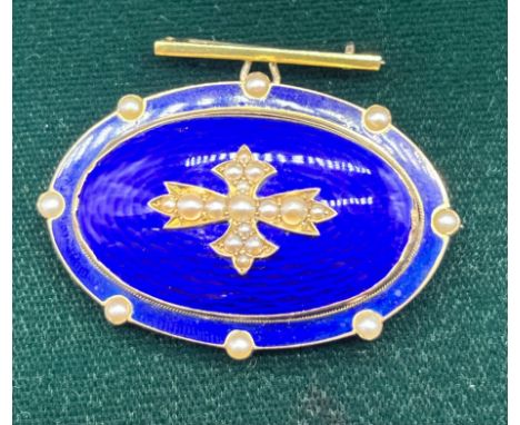 Antique 18ct yellow gold and enamel mourning brooch, oval form, centre gold cross fitted with seed pearls mounted onto blue e