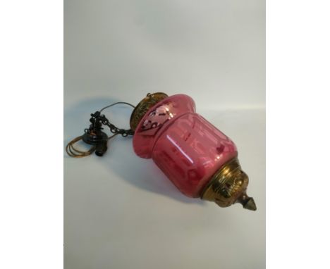 Antique Cranberry glass and brass ceiling light. 