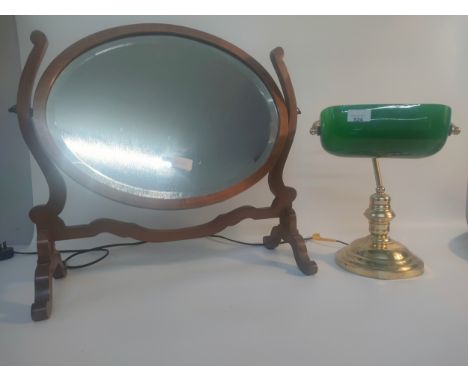 A Victorian dressing table mirror along with green shaded desk table lamp 