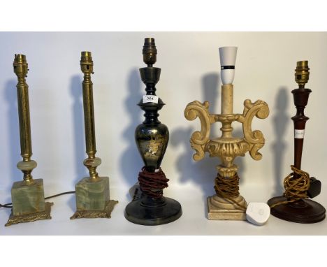 Five vintage table lamps; a pair of green onyx and brass table lamps, Japanese table lamp etc 