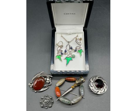 A Selection of Scottish Silver jewellery; Boxed Ortak Silver and enamel pendant and matching earring sets, Sterling silver th