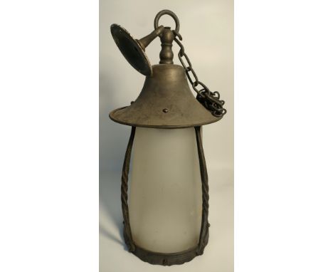Arts and Crafts Wrought iron and Frosted glass porch lantern. [42cm length] 