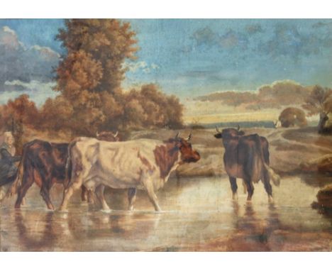 English School, 19th Century, A woman driving cows across a stream, indistinctly signed 'E R ***' (lower right), watercolour 
