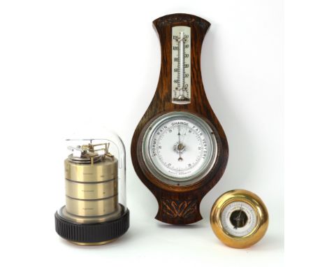 Barigo Germany: a barometer, thermometer, hygrometer with two tier vacuum, 17cm high, an oak cased aneroid barometer and a de