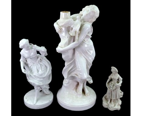 A Copelands white glazed porcelain table lamp, circa 1900, in the form of young women grasping a tree trunk, a bird perched o