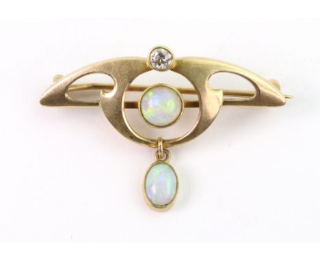 An Art Nouveau, diamond and cabochon opal brooch, by Murrle Bennett & Co., centred by a collet-set cabochon opal with an old-