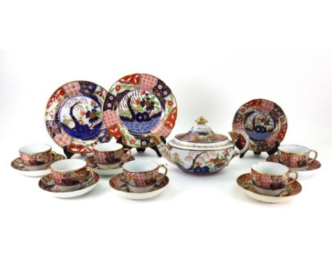 A composite 'Japan' pattern porcelain part tea service, Spode and Coalport, 19th century, comprising: an oval teapot and cove