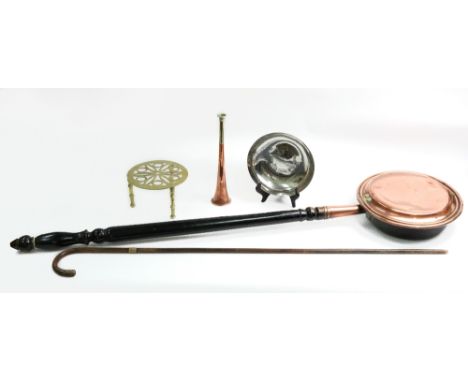 A Victorian gilt metal mounted walking cane, 88cm long, early 19th century, copper warming pan with turned ebonised handle, L
