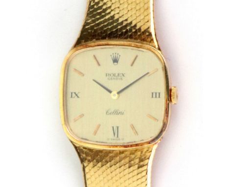 Rolex; an 18ct yellow gold lady's Rolex Cellini manual wind bracelet wristwatch, circa 1977, brushed champagne dial, Roman nu