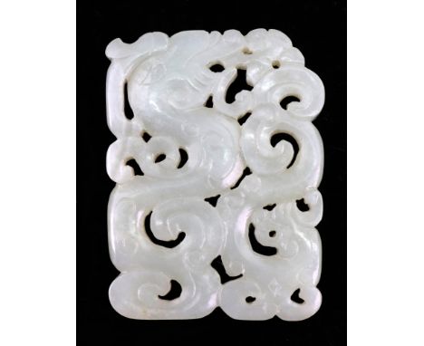 A Chinese pale celadon jade plaque, 19th/20th century, pierced and carved with a stylised dragon holding a lingzhi sprig in i