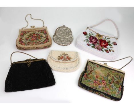A white paste set evening bag, circa 1920's, with electroplate mounts, three beaded and two tapestry bags (6).