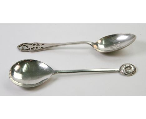 An Arts & Crafts silver spoon, The Artificers Guild Ltd, London 1929, with spot hammered pear shape bowl and Pisces zodiac st