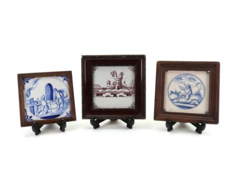 An English Delft ware blue and white tile, probably London, circa 1760, painted with Joab slain at the horns of the altar, 12