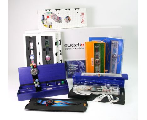 A collection of eight Swatch watches, to include; Club watch 1999 Space Dreams, two Swatch All Over The World The Club Watche