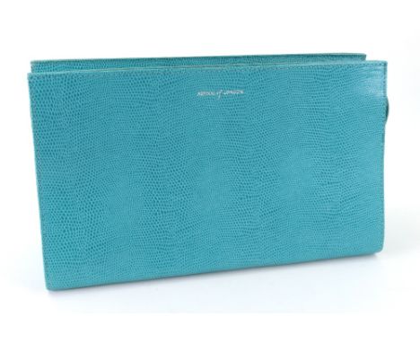 An Aspinal of London turquoise clutch bag, the interior with five pouches and sewn leather patch detailed 'Aspinal of London,
