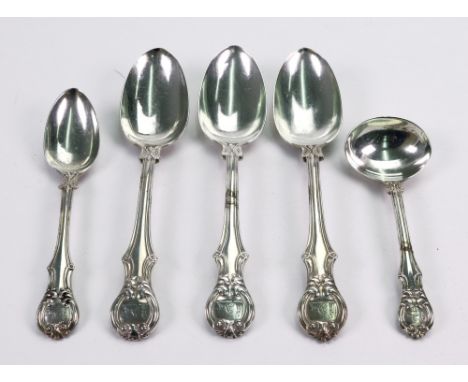 A set of three Victorian silver Victoria pattern dessert spoons, teaspoon and sauce ladle, Samuel Hayne & Dudley Cater, Londo