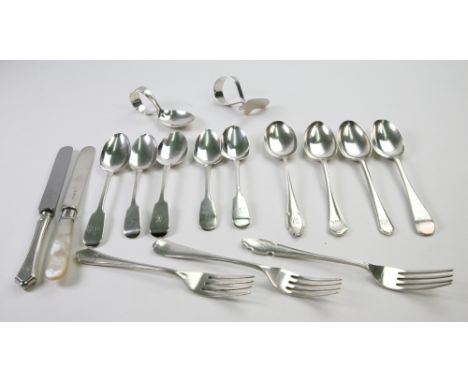 A child's silver knife, fork and spoon, varying dates, another, the knife with mother of pearl handle, a child's silver spoon