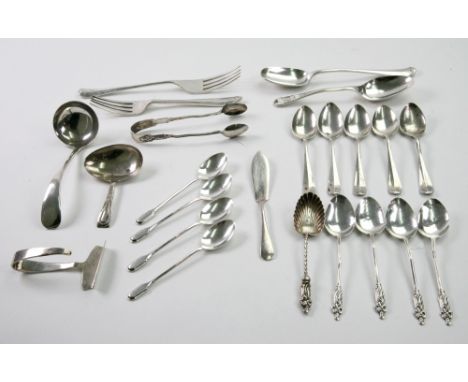 Silver flatware, various dates and makers, christening spoon and fork, child's spoon and pusher, sauce ladle, butter knife, n