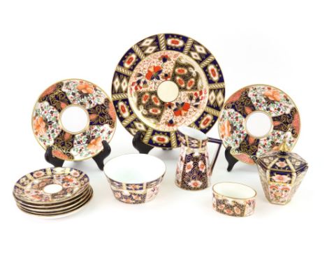 A group of English 'Japan' pattern porcelains, late 19th/early 20th century, comprising: a Royal Crown Derby small jug and ba