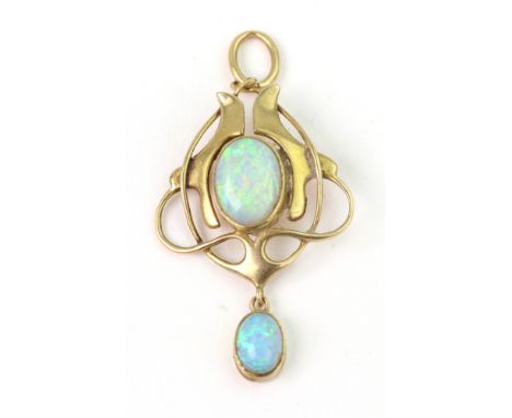 An Art Nouveau gold and cabochon opal pendant by Murrle Bennett & Co., centred by an oval cabochon in an openwork frame, with