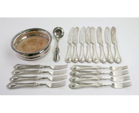 A set of eight pairs of Victorian electroplate fish knives and forks, Elkington & Co, shaped beaded handles, foliate decorate