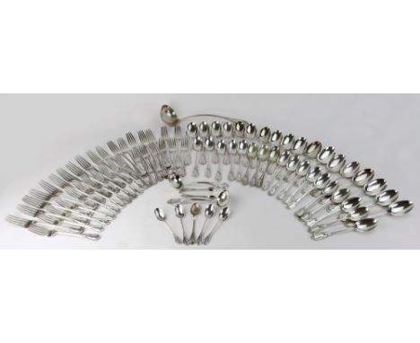 An Edwardian silver canteen of lily pattern flatware, Elkington & Co, Birmingham 1908, double struck, 12 soup spoons, 6 table