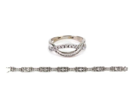 A white gold and diamond Art Deco style bracelet, modern, stamped '14K', the open links pavé set with eight-cut diamonds in g