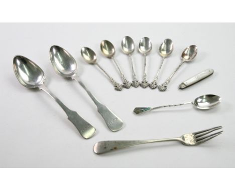 A pair of fiddle pattern silver dessert spoons, 19th century, monogrammed, set of six coffee spoons, unmarked, with tree capi