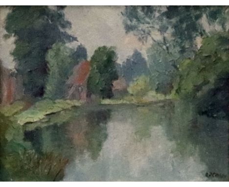 R J Crosby (British, 20th Century), The Itchen at Shawford, Hampshire, signed 'R J Crosby ' (lower right) and inscribed with 