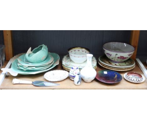 A Shorter fish service, eight pieces, Poole pottery flambé dish, four Mintons floral decorated plates and other decorative ce