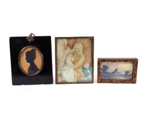 European School, 19th Century, A mother breastfeeding, watercolour, 11.5 x 9.5cm, together with a portrait miniature silhouet