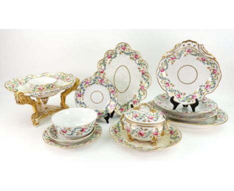 A Derby composite part dinner and tea service, circa 1820, each piece painted with a border of pink roses and undulating corn