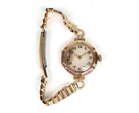 A 9ct gold cased manual wind wristwatch, import mark for Glasgow 1923, with silvered dial and Breguet numerals, gold plated b