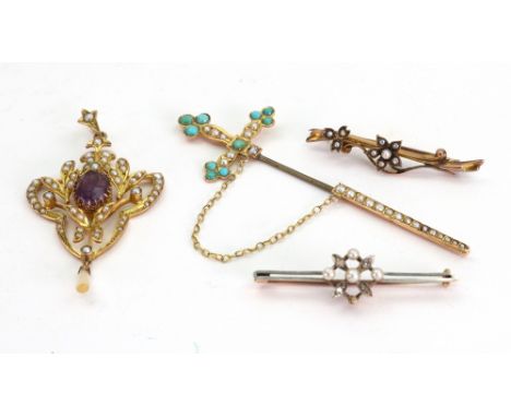 A gold, half-pearl and cabochon turquoise 'sword' stick-pin, stamped '9ct', steel pin, 2.9g, a gold, amethyst and half-pearl 