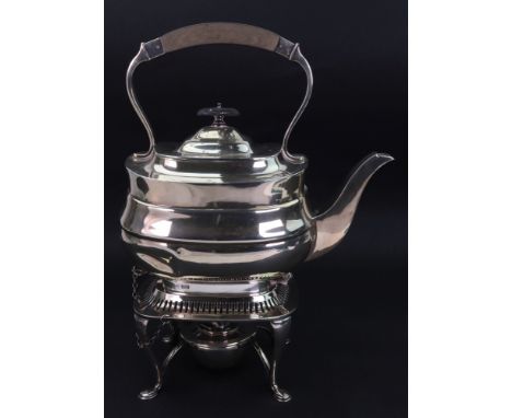 A Regency style silver tea kettle on spirit heater stand, William Hutton & Sons, Sheffield 1913, oblong, wood mounted fixed o