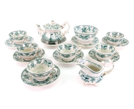 A J & R Godwin children's pottery tea service, circa 1845-55, printed in green with a girl picking fruit from a tree, compris