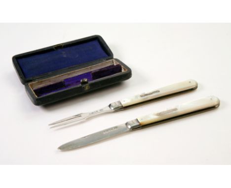 A Victorian silver folding pocket knife and matching two-prong fork, makers mark J.L., Sheffield 1876, with mother of pearl h