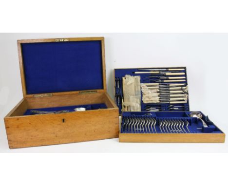 An oak cased electroplate Old English pattern canteen, circa 1900, initialled 'R', 60 pieces, including soup and sauce ladles