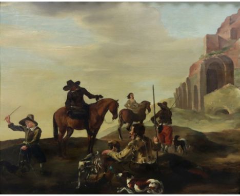 European School, 18th Century, A hunting party at rest, indistinctly signed and dated, 'A*** 17***' (lower left), oil on boar
