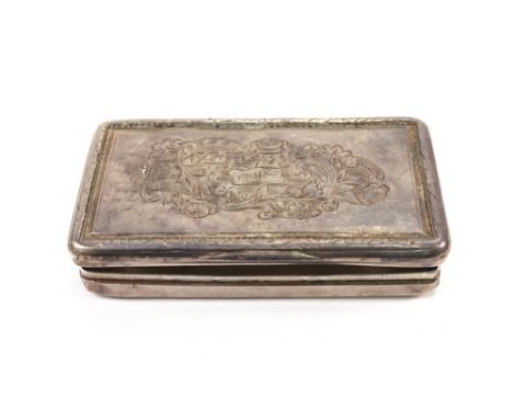 A French rectangular silver snuff box, Paris, Moyenne, 1819-1838, the hinged cover inscribed to the centre within a foliate s