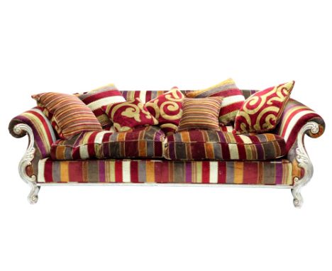 A Duresta Wolfgang sofa, with scroll carved oxidised silver wood frame, on cabriole legs, upholstered in multicoloured stripe