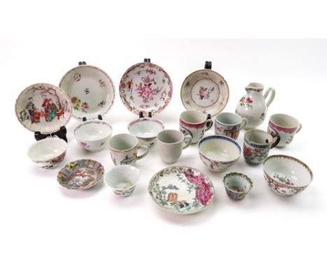 A group of Chinese Export porcelain, 18th Century, mostly painted in famille-rose enamels with figures and flowers including: