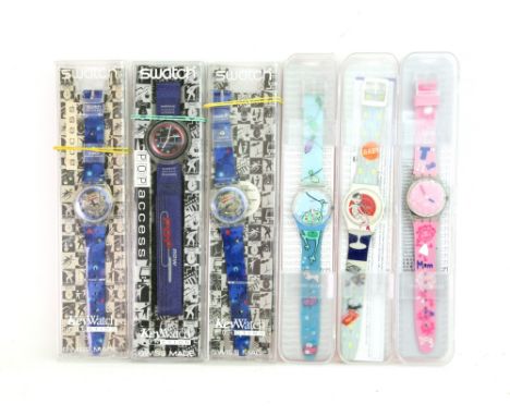 A collection of three Swatch watches, Key Watch Function, cased and three other Swatch watches, 'Dad', 'Baby' and 'Hang on Ti