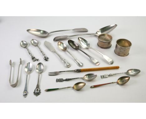 George IV and Victorian silver fiddle pattern table spoons, London 1821 and Exeter 1839, two similar teaspoons and other silv