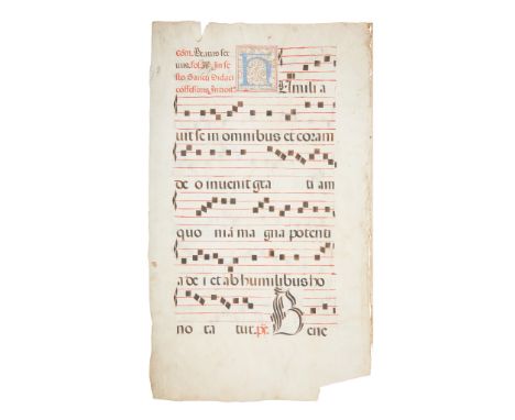 Liturgical music manuscript on vellum 18 pages on 9 leaves in Latin, red and black with 11 illuminated initials, 17th century