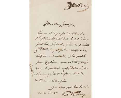 Verlaine, Paul-Marie Letter to Armand Gouzien ALS signed Paul Verlaine, written to Armand Gouzien, no date [Thursday ?] 21 x 